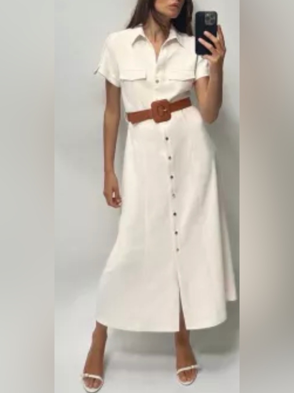 Zara White Button-Front Shirt Dress with Short Sleeves NWT (no belt?